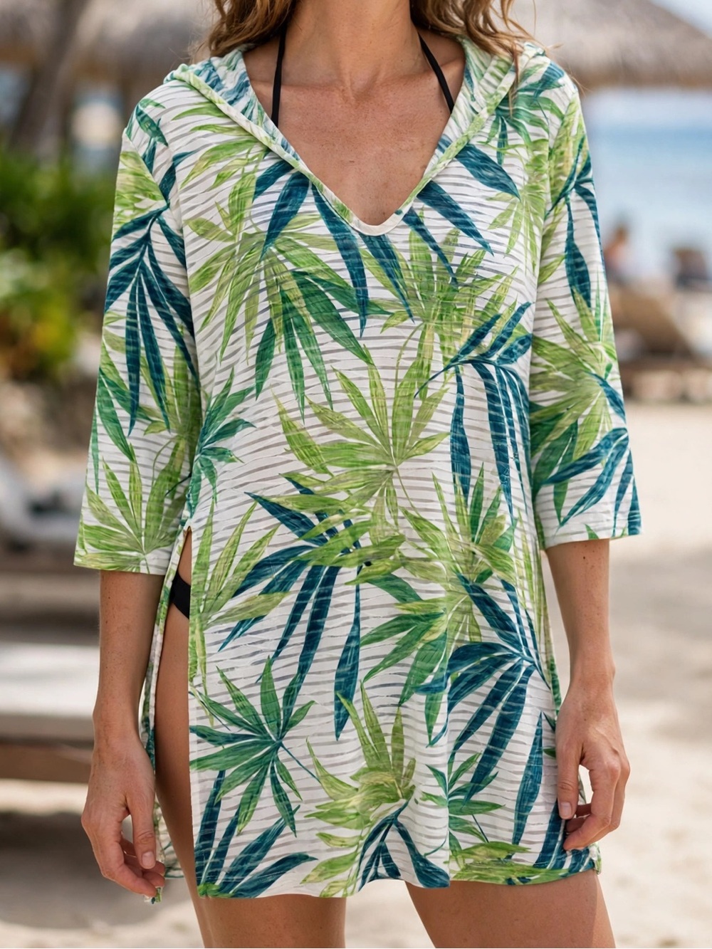 NWT Portofino Tropical Palm Hooded Swim Cover Up Dress White Green M